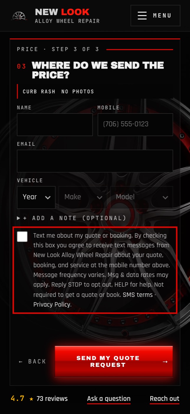 The last step of the New Look quote form on a phone: name, mobile, email and vehicle fields, then the unchecked text-message consent checkbox (outlined in red) with its full disclosure, above the Send my quote request button.